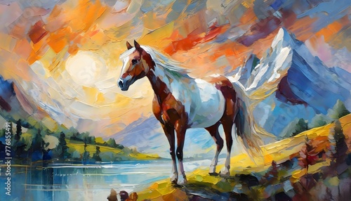 Abstract oil painting, running horse on water, color splash fro the water, mural, art wall. photo