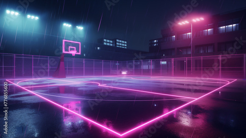 Rainy basketball court with pink neon outline and glowing hoop at night.