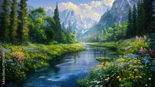 A tranquil river flowing gently through a verdant valley, its banks lined with towering trees and colorful wildflowers.