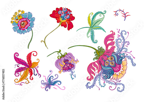 Fantasy, alien hypnotic flowers, decorative flowers and leaves. Cartoon style. Millefleurs trendy floral design. Clip art, set of elements for design Outline hand drawing vector illustration.