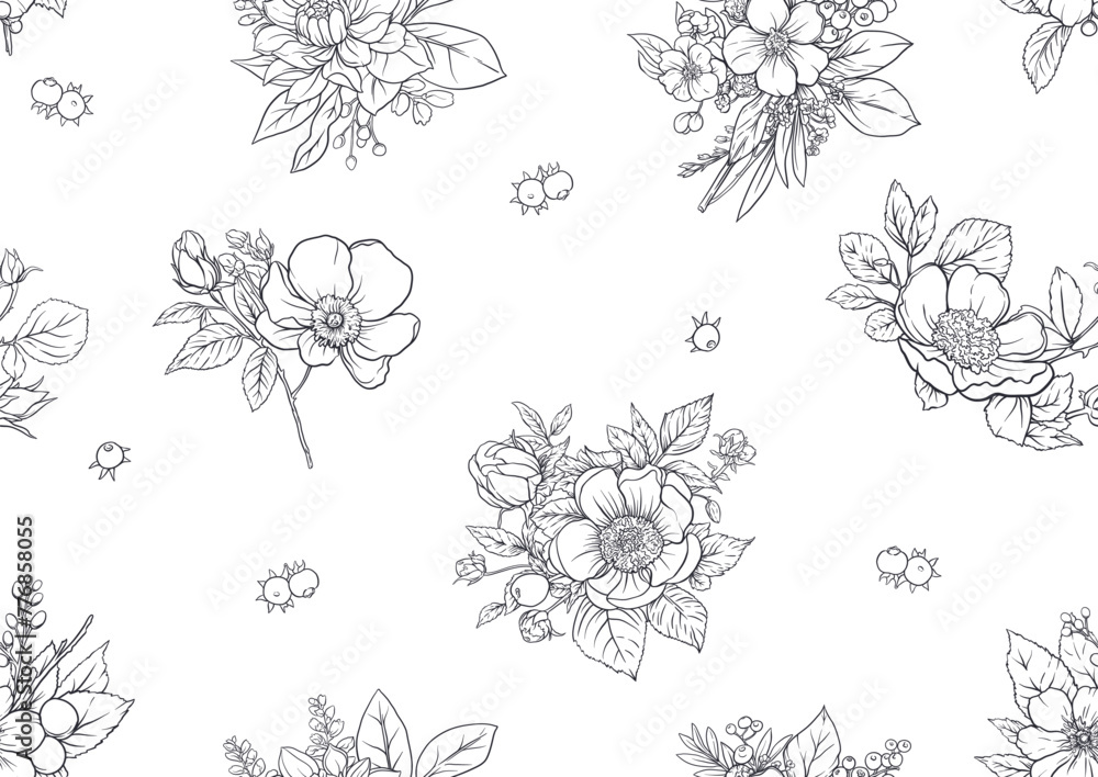 Boutonniere of wild rose flowers and berries Seamless pattern, background. Outline hand drawing vector illustration. In botanical style