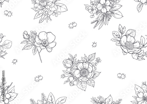 Fototapeta Naklejka Na Ścianę i Meble -  Boutonniere of wild rose flowers and berries Seamless pattern, background. Outline hand drawing vector illustration. In botanical style
