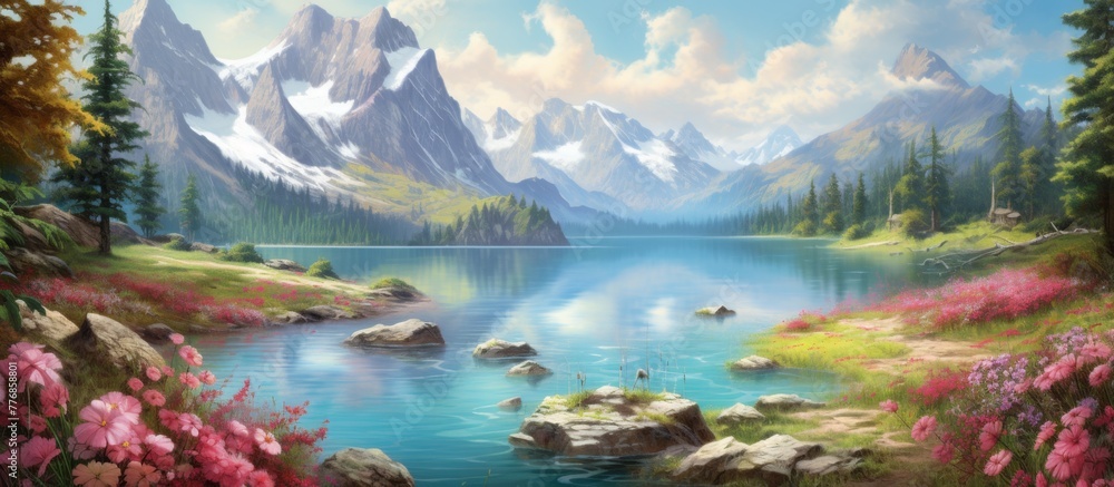 A beautiful artwork portraying a serene mountain lake with a majestic mountain range in the distant background