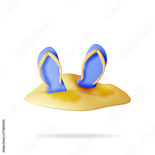 3d Beach Flip Flops in Sand Isolated on White. Render Summer Sandal Shoes. Flipflops Icon. Concept of Summer Vacation or Holiday, Time to Travel. Beach Relaxation. Realistic Vector Illustration