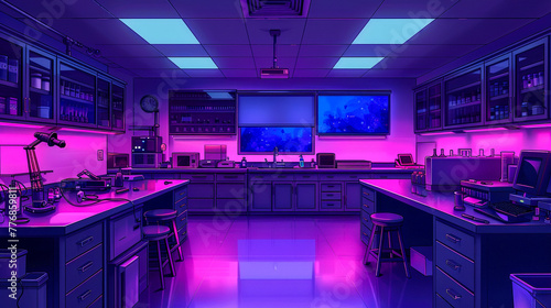 Tech lab with dynamic colorful lighting, showcasing hardware innovation and electronic research photo
