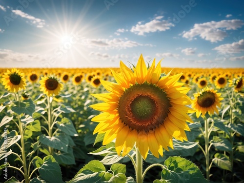 A field of blooming sunflowers with a summery blue sunny sky