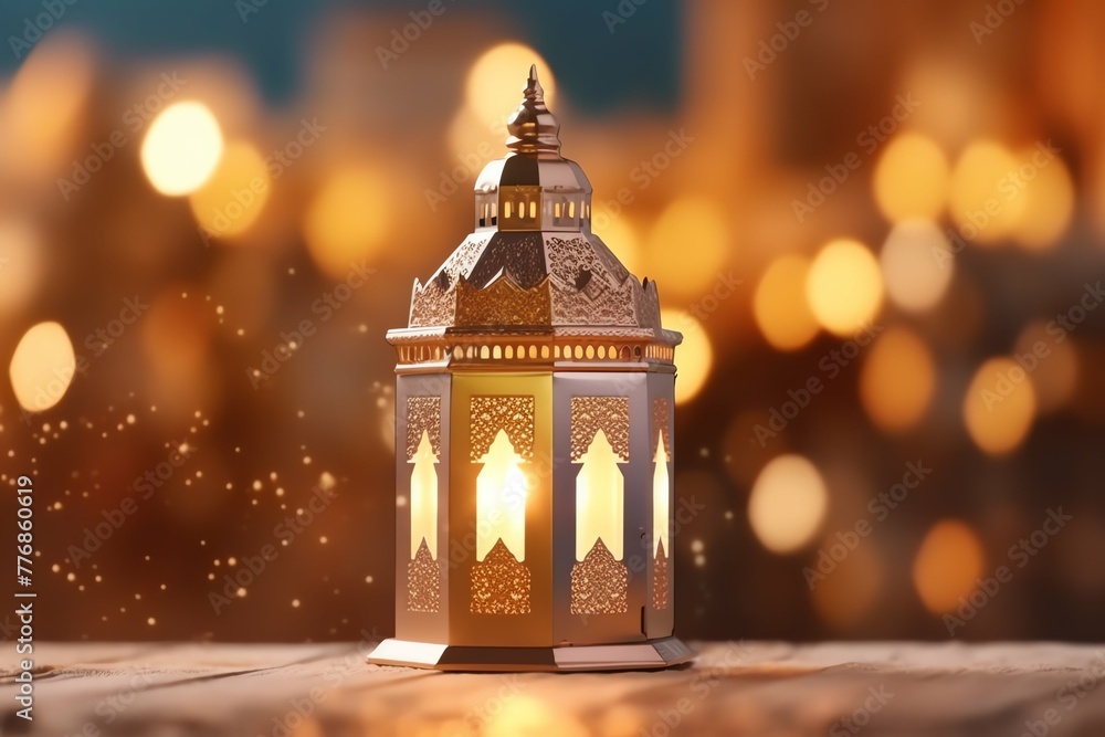 Fototapeta premium Eid mubarak and ramadan kareem greetings with islamic lantern and mosque. Eid al fitr background