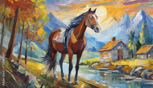 Abstract oil painting, horse, mural, art wall. Hand-painted oil painting, high detailed 
