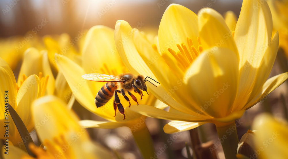 Honey bee on beautiful yellow flower collect pollen, blur background, Generative Ai - obrazy, fototapety, plakaty 