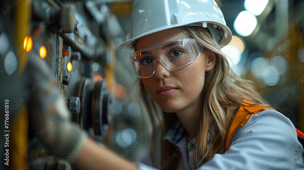 Professional female engineer in safety gear meticulously adjusts complex machinery within an industrial factory setting. Professional female engineer in safety gear meticulously adjusts complex machinery within an industrial factory setting.