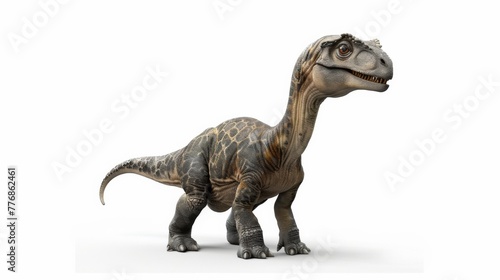 An adorable baby Apatosaurus stands with a curious gaze  its innocent eyes reflecting a bygone era of giants. ancient juvenile dinosaur against a white backdrop  evoking a sense of prehistoric wonder.