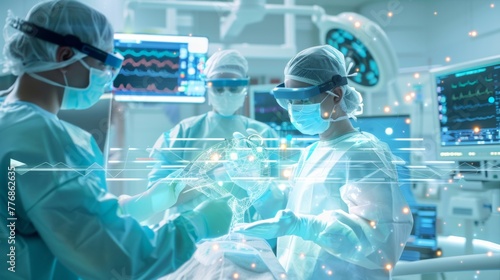 Surgeons in a high-tech operating room using advanced AI and virtual reality interfaces for a precision-led surgery, with digital data overlays and monitoring screens. photo
