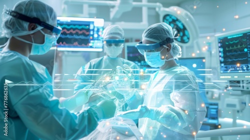 Surgeons in a high-tech operating room using advanced AI and virtual reality interfaces for a precision-led surgery, with digital data overlays and monitoring screens.