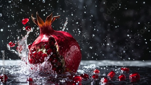The dynamic moment a pomegranate bursts upon water contact, its arils released like jewels against a dynamic splash backdrop, capturing nature's vibrant force and the essence of freshness. photo
