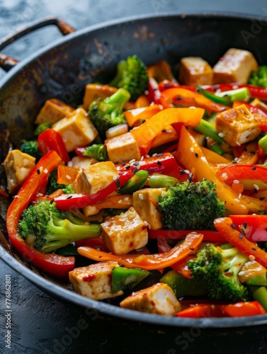 Sizzling vegetable stir-fry featuring golden tofu cubes and a medley of bright peppers, broccoli, and onions in a traditional wok, ready to serve. photo