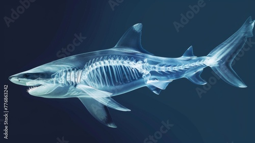 The image showcases an x-ray of a shark, detailing its cartilaginous skeleton unique to these apex predators, against a dark background, exuding an aura of marine dominance and scientific intrigue. © Beyonder