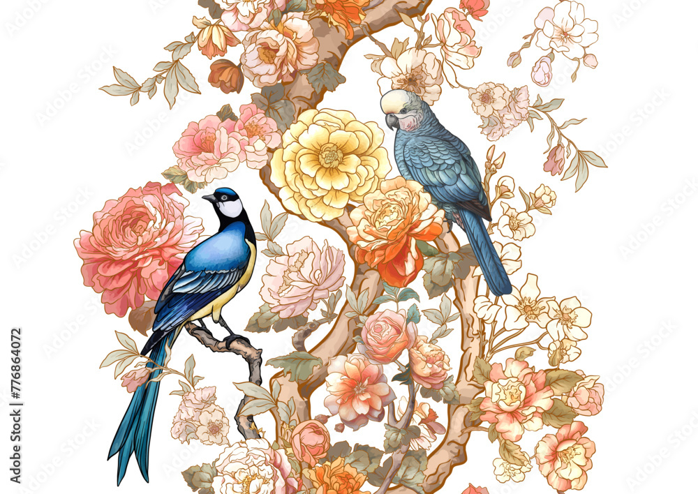 Blossom trees with sparrow and parrots Seamless pattern, background. Vector illustration. In Chinoiserie, botanical style - obrazy, fototapety, plakaty 