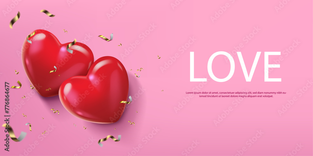 love word and red two hearts romantic background top view template,valentine's day celebration and other lovely celebration concept backdrop element.vector illustration design.