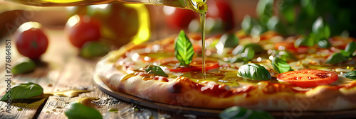 Closeup photo of Italian pizza toppings on wooden plate, A slice of pizza with green vegetables.   © Mohsin
