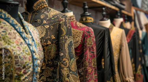 Intricate textures and rich fabrics adorn mannequins, showcasing luxurious suits with an emphasis on detailed craftsmanship