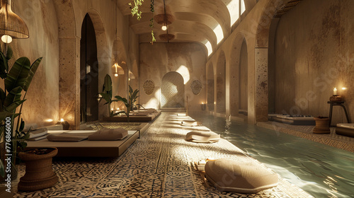 A luxurious spa retreat with a mosaic-tiled hammam, plush loungers, and fragrant incense wafting through the air, offering a haven of relaxation.