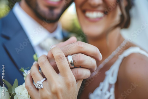 A joyful wedding couple showcasing their rings, radiating happiness