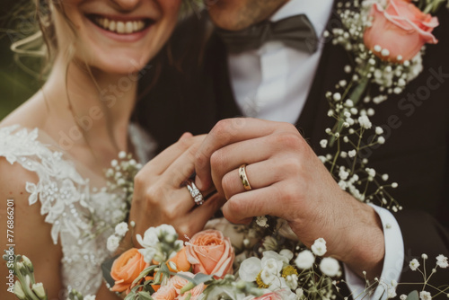 A joyful wedding couple showcasing their rings, radiating happiness