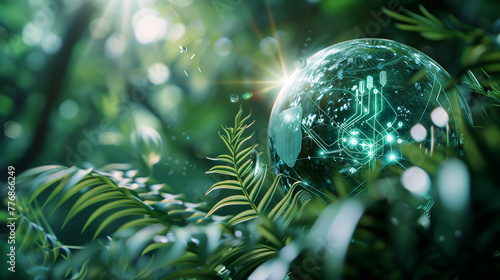 Luminous Digital Globe Amidst Forest Foliage . An ethereal view of a glowing digital globe surrounded by dense forest foliage, portraying a symbiotic relationship between technology and the environmen