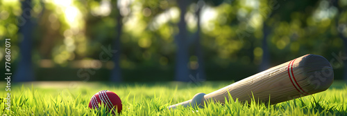 Various sport tools on grass, A cricket ball sits on a baseball plate on a grass field.
