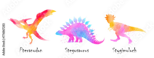 Pteranodon, Stegosaurus, Ankylosaurus, Stygimoloch dinosaurs . Colorful silhouette watercolor painting style . Set 5 of 5 . Illustration .