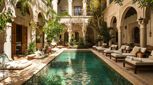 A serene courtyard oasis with a mosaic-tiled swimming pool, shaded cabanas, and fragrant jasmine vines climbing intricately carved stone walls.