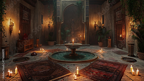 A serene prayer room bathed in soft candlelight, featuring intricately woven prayer rugs, ornate calligraphy, and a tranquil fountain centerpiece. photo