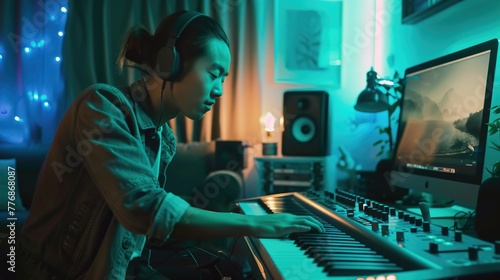 Asian man producing music in a home studio with a midi keyboard and computer screen.