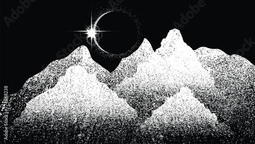 Solar eclipse .Star and moon in space. Futuristic landscape, with noise texture . Night landscape .Vector illustration