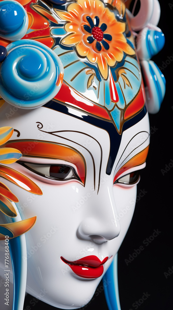 Naklejka premium A woman's face is painted with red lips and blue eyes