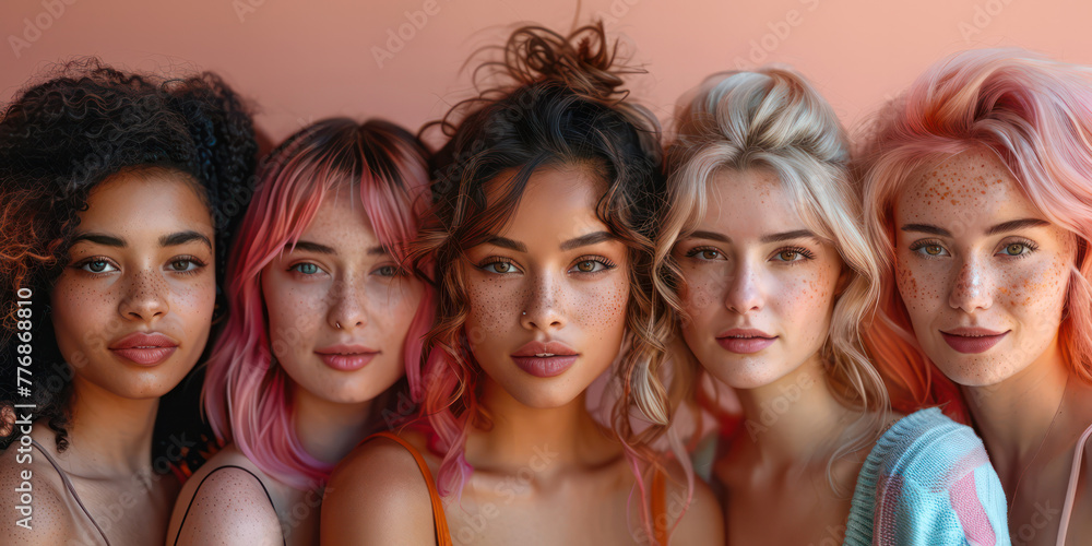 A group of women with different hair colors and styles pose for a photo. Scene is one of unity and diversity, as the women come together to celebrate their differences and similarities A group of women with different hair colors and styles pose for a photo. Scene is one of unity and diversity, as the women come together to celebrate their differences and similarities