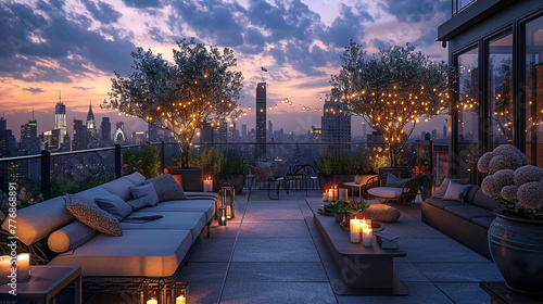 A serene rooftop terrace with panoramic views of the city skyline, furnished with cozy seating areas, twinkling fairy lights, and potted olive trees.