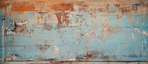 Close-up of a weathered wall painted in shades of blue and brown with peeling paint flakes revealing the underlying surface