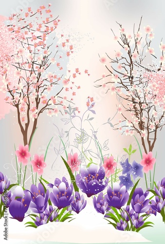 composition with crocuses and flowering trees as harbingers of spring