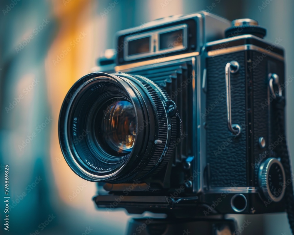 Vintage aesthetics in modern day, close-up on a classic film camera against a contemporary setting
