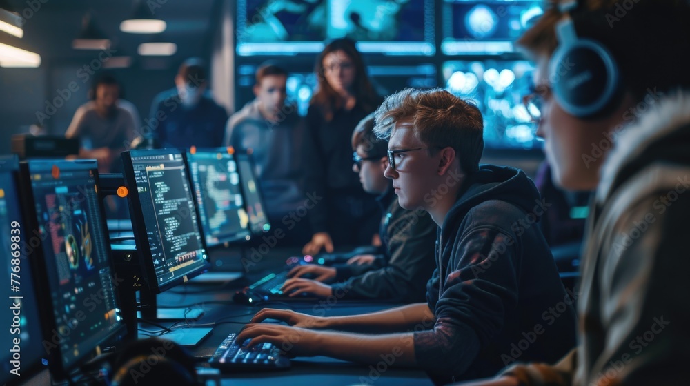 Young gamers at an esports competition focused intently on their computer screens. Young gamers at an esports competition focused intently on their computer screens.