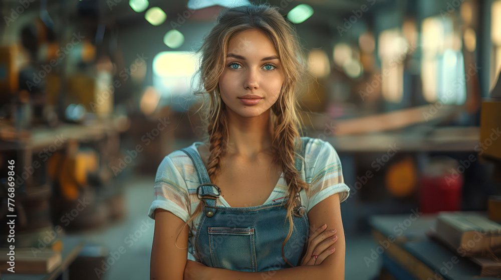 A woman with blue denim overalls A woman with blue denim overalls