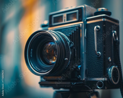 Vintage aesthetics in modern day, close-up on a classic film camera against a contemporary setting