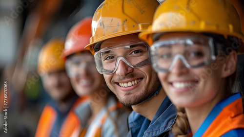 A cheerful group of male and female engineers in safety uniforms and helmets pose confidently at an industrial worksite.