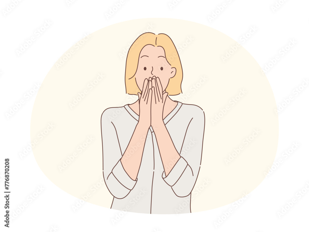 illustration of a shocked woman with two hands covering her mouth illustration of a shocked woman with two hands covering her mouth