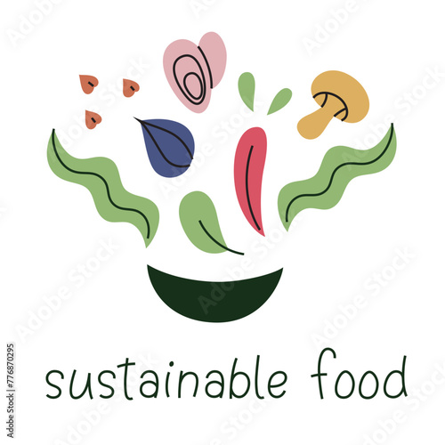 Plate with healthy food, flat composition with buckwheat, seaweed, mussels, sustainable food illustration with lettering, vector icons of vegetables, mushroom, grains, healthy salad, organic eating