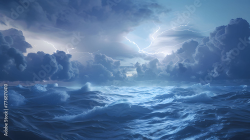 A scene of a thunderstorm over the ocean, with lightning illuminating the waves.