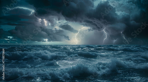 A scene of a thunderstorm over the ocean, with lightning illuminating the waves.