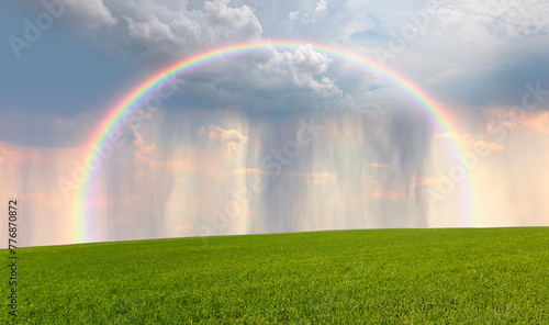 Rainy weather with green grass field and deep blue sky amazing rainbow in the background © muratart