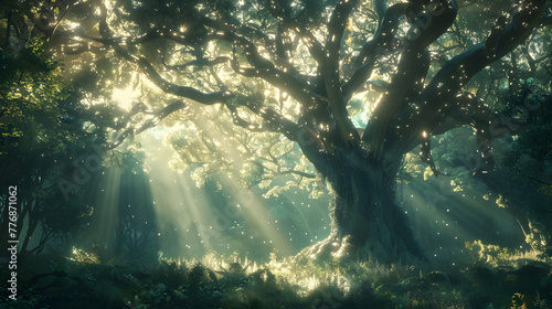 A scene of a vast, ancient forest, where the trees communicate through light and sound.